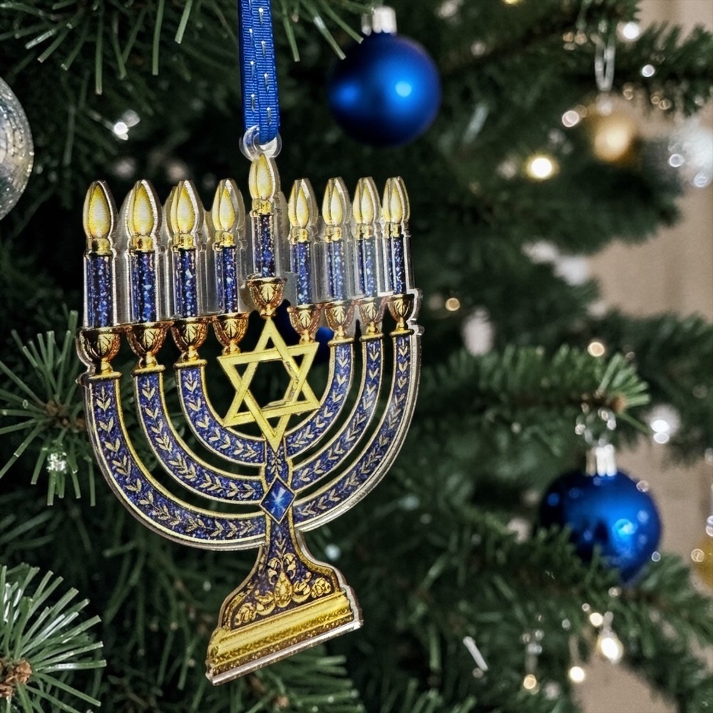 Menorah Ornament Hanukkah Tree Decor Blue Gold Jewish Holiday Gift - Picture 6 of 9